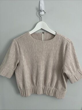 Yargici Women's Short Sleeve Textured Top in Beige. made in turkey.